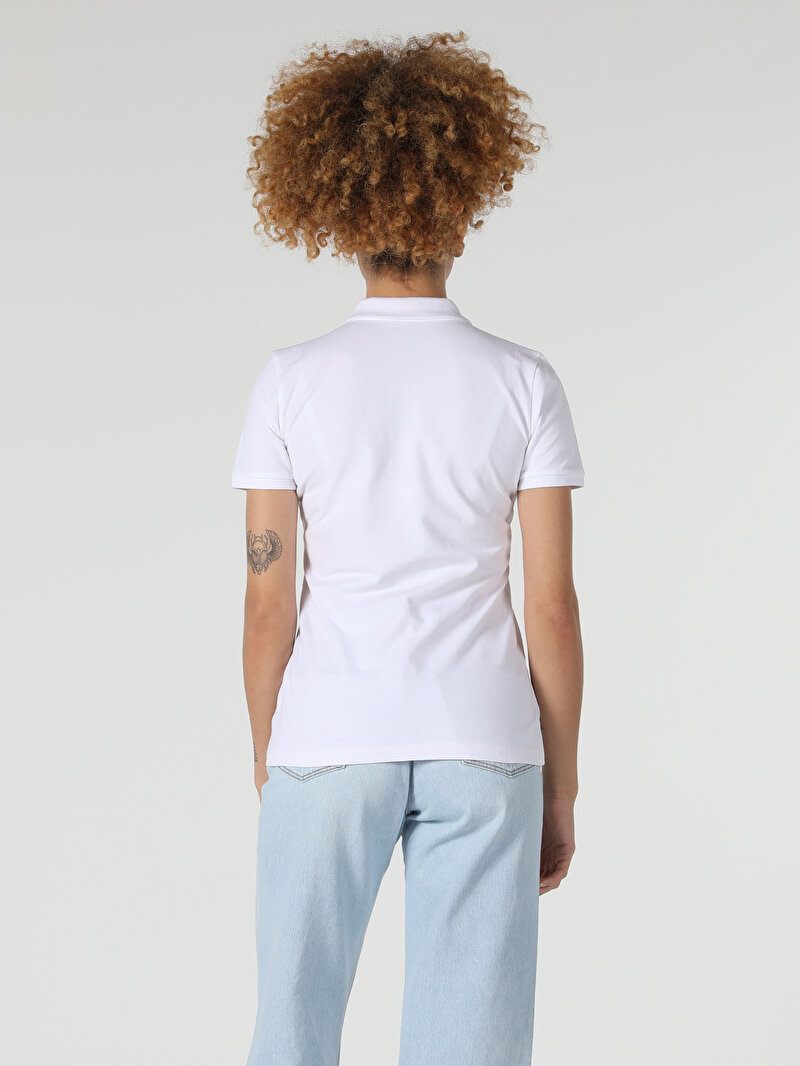 Slim Fit Polo Yaka Düz Kadın Beyaz Kısa Kol Tişört