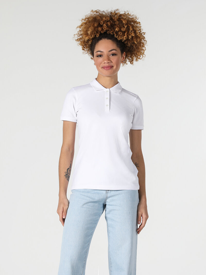 Slim Fit Polo Yaka Düz Kadın Beyaz Kısa Kol Tişört