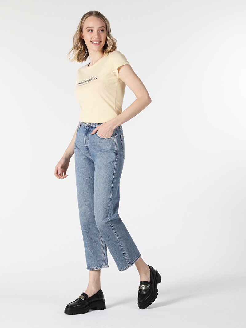 Regular Fit Yüksel Bel Düz Paça Kadın İndigo Jean Pantolon