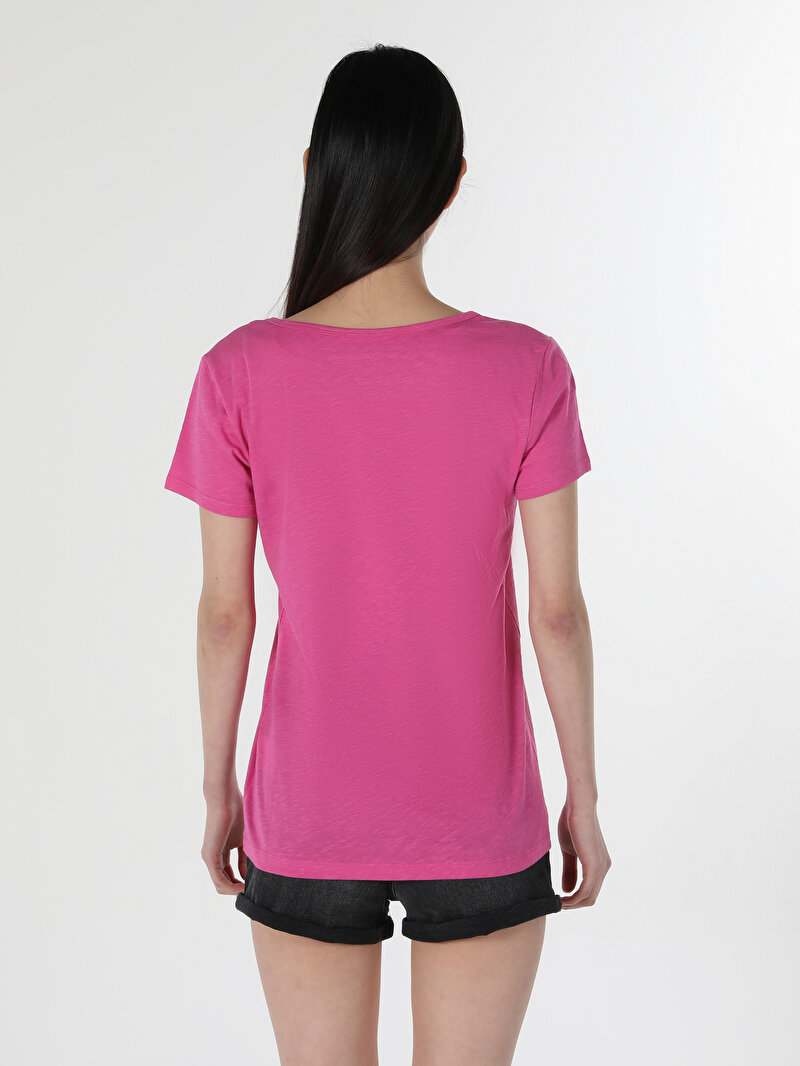 Regular Fit V Yaka Düz Kadın Pembe Kısa Kol Tişört