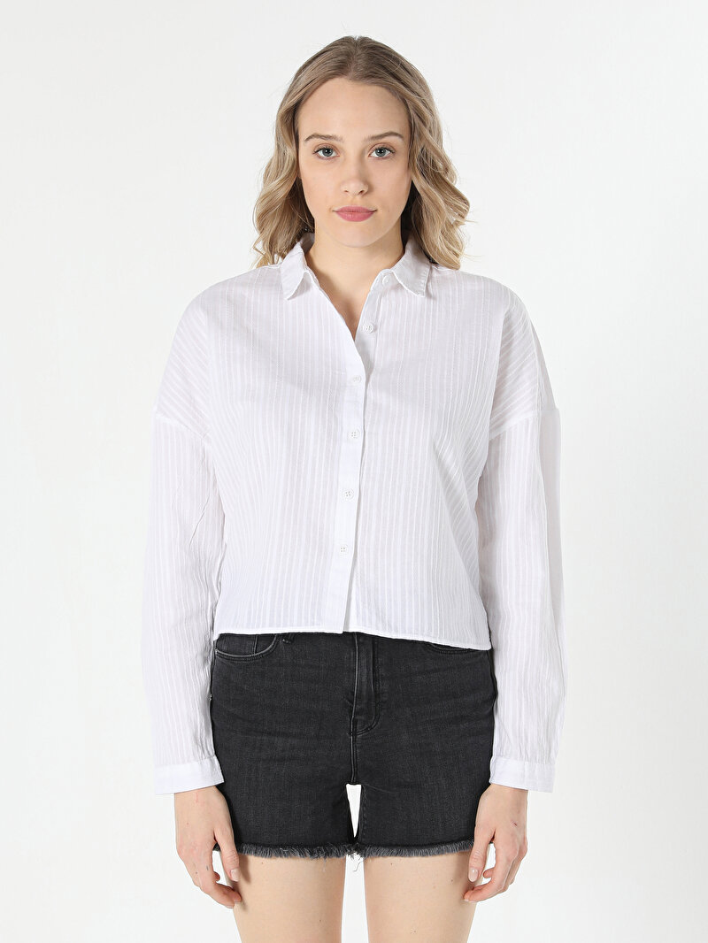 Regular Fit Shirt Neck  Kadın Beyaz Uzun Kol Gömlek Cl1057687