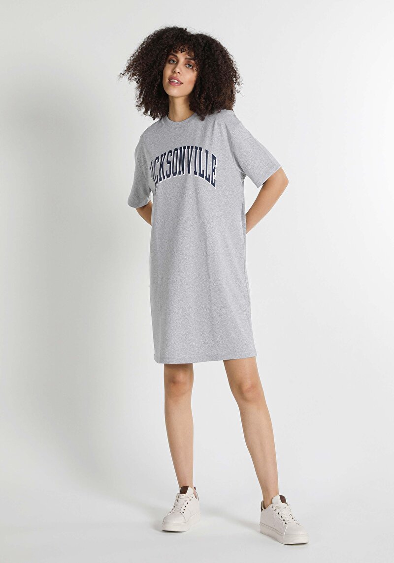 Comfort Fit Baskılı Kadın Gri Kısa Kol Elbise