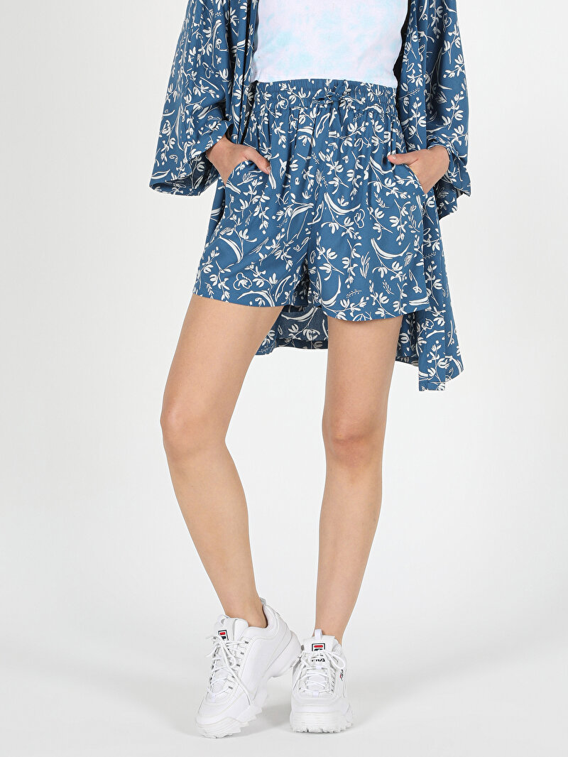 Regular Fit Orta Bel Baskılı Kadın Mavi Şort Cl1059486
