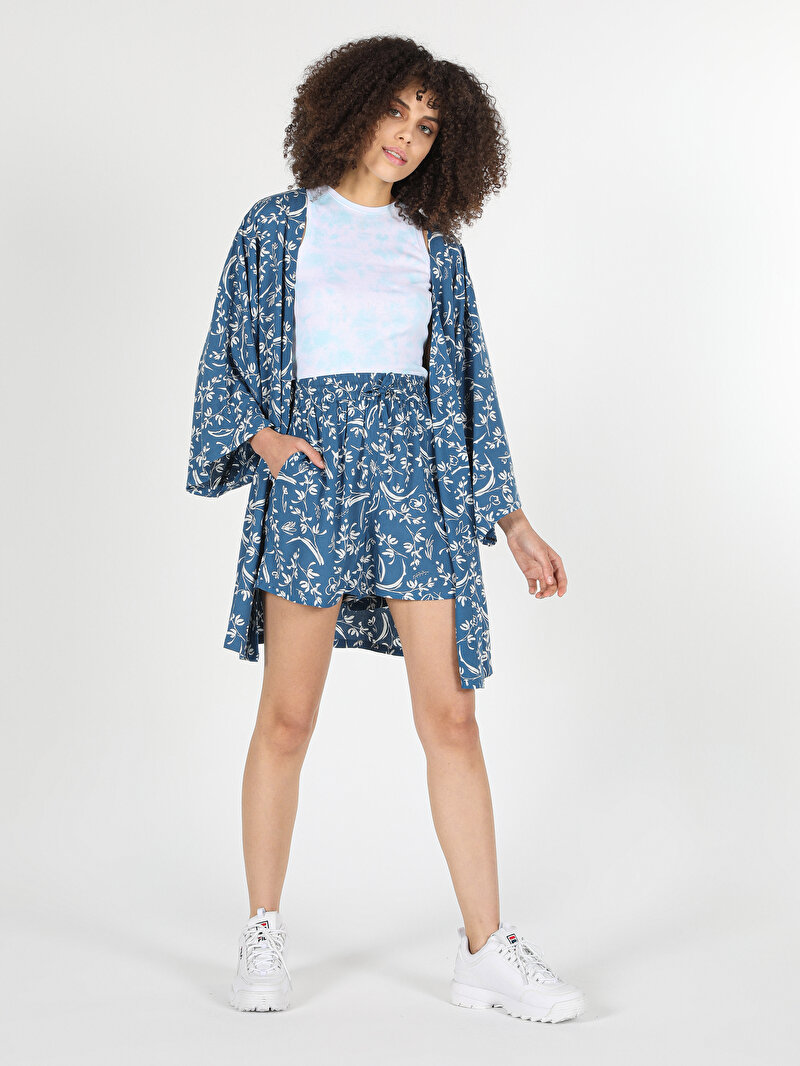 Regular Fit Orta Bel Baskılı Kadın Mavi Şort Cl1059486