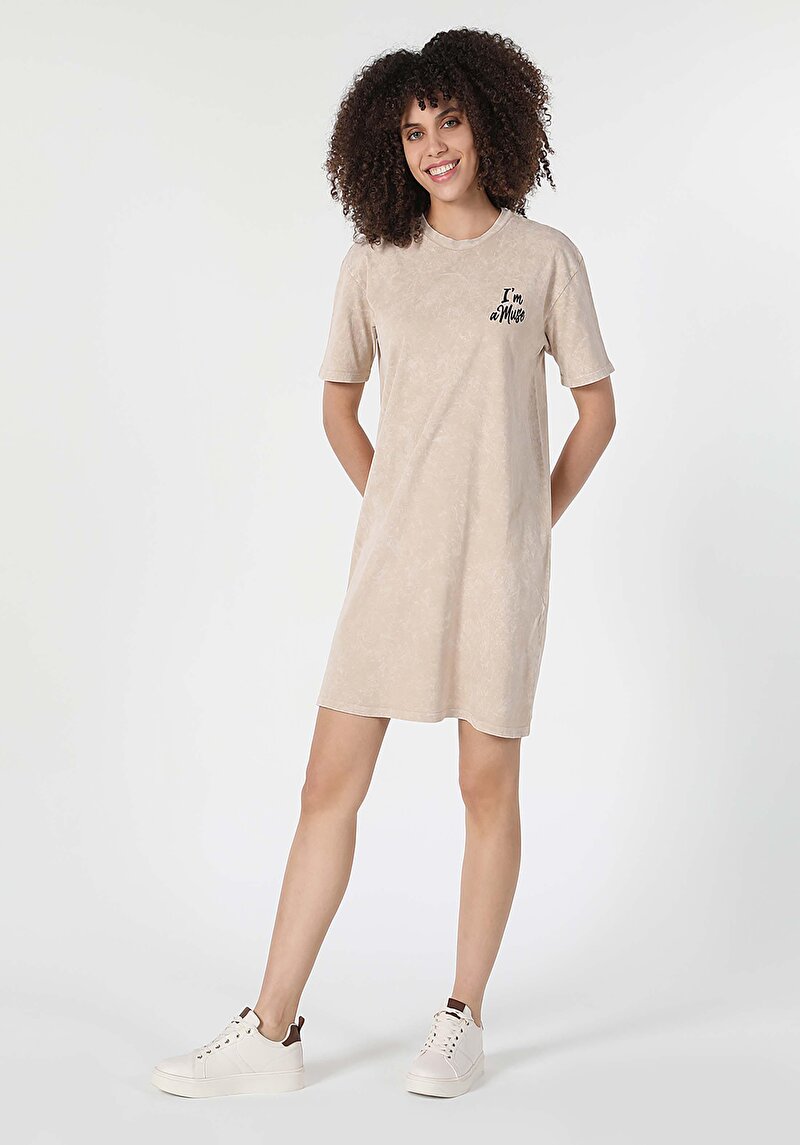 Regular Fit Baskılı Kadın Bej Kısa Kol Elbise