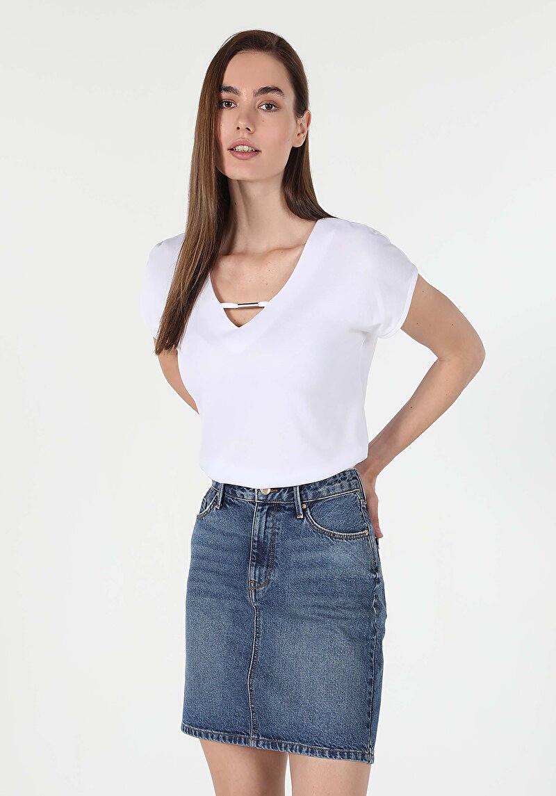 Regular Fit V Yaka  Kadın Beyaz Yarasa Tişört Cl1058931