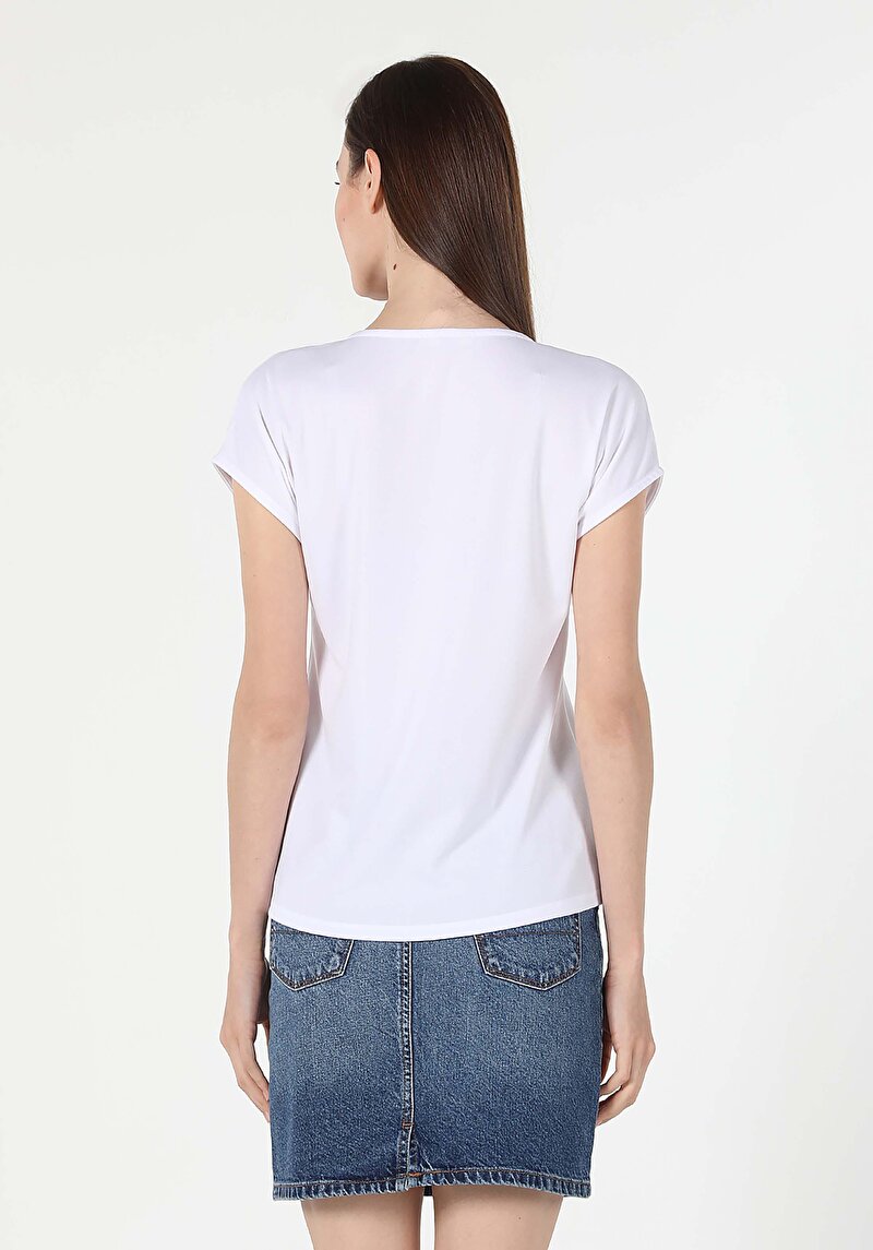 Regular Fit V Yaka  Kadın Beyaz Yarasa Tişört Cl1058931