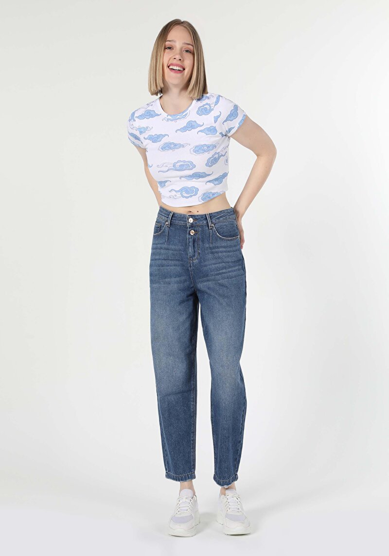 Slouchy Fit Yüksel Bel Daralan Paça Kadın Denim Jean Pantolon