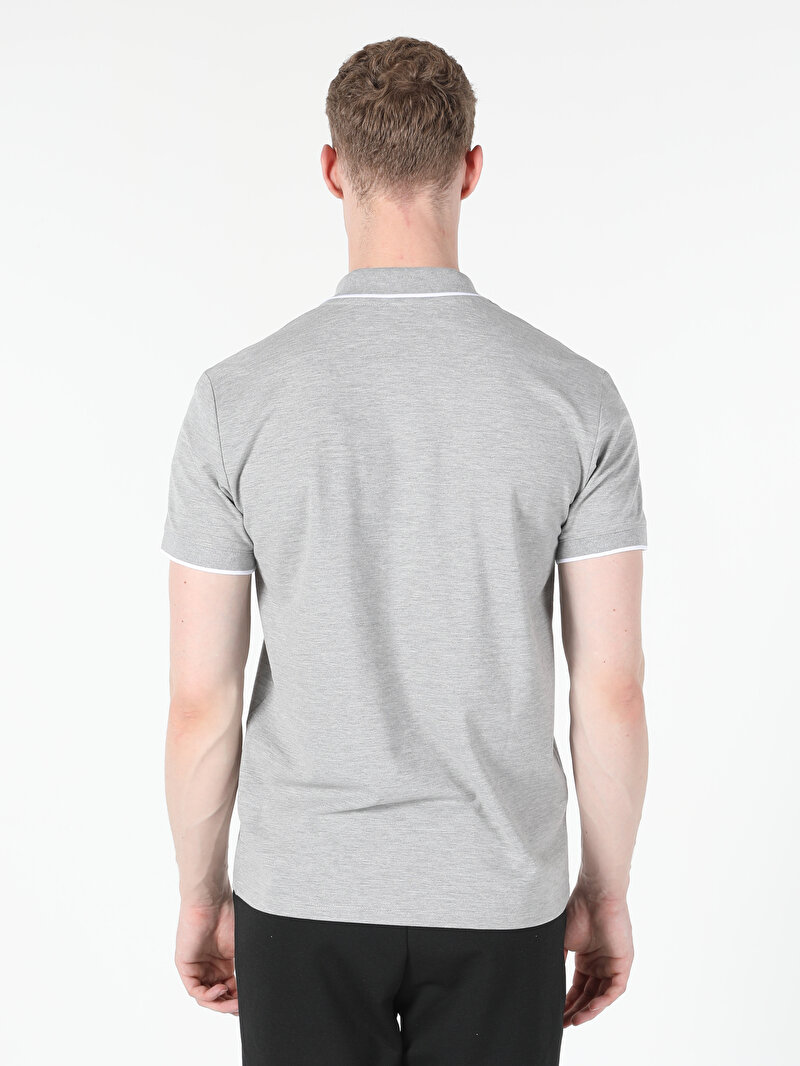 Regular Fit Polo Yaka Düz Erkek Gri Fermuarlı Kısa Kol Tişört