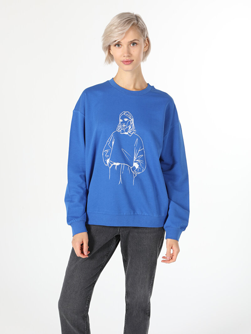 Regular Fit Yuvarlak Yaka Baskılı Kadın Mavi Sweatshirt