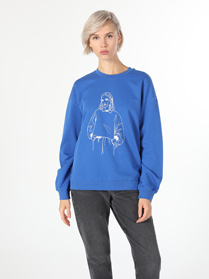 Regular Fit Yuvarlak Yaka Baskılı Kadın Mavi Sweatshirt