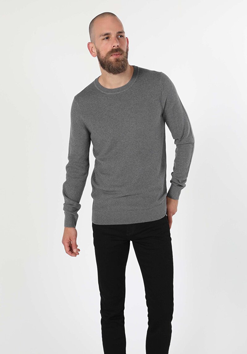 Regular Fit Yuvarlak Yaka Jakarlı Erkek Gri Kazak