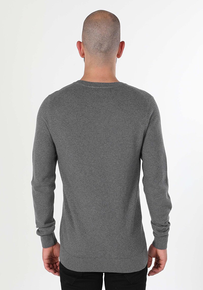 Regular Fit Yuvarlak Yaka Jakarlı Erkek Gri Kazak