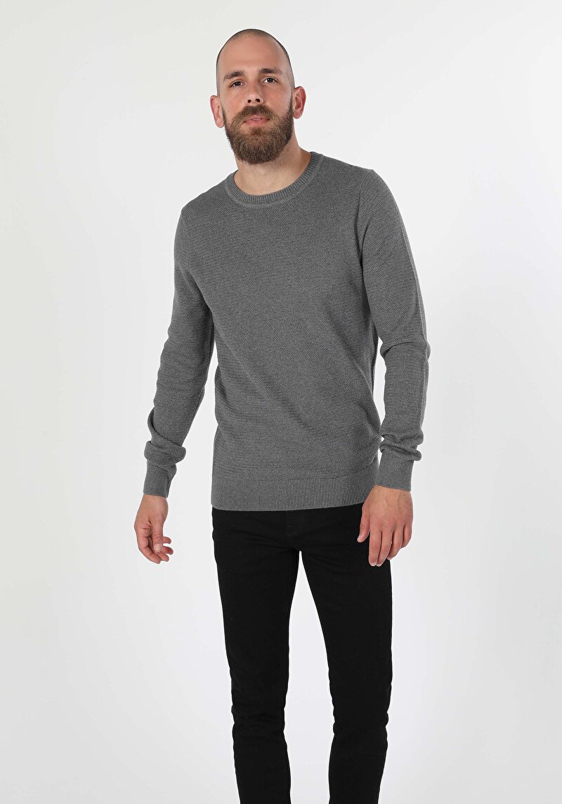 Regular Fit Yuvarlak Yaka Jakarlı Erkek Gri Kazak