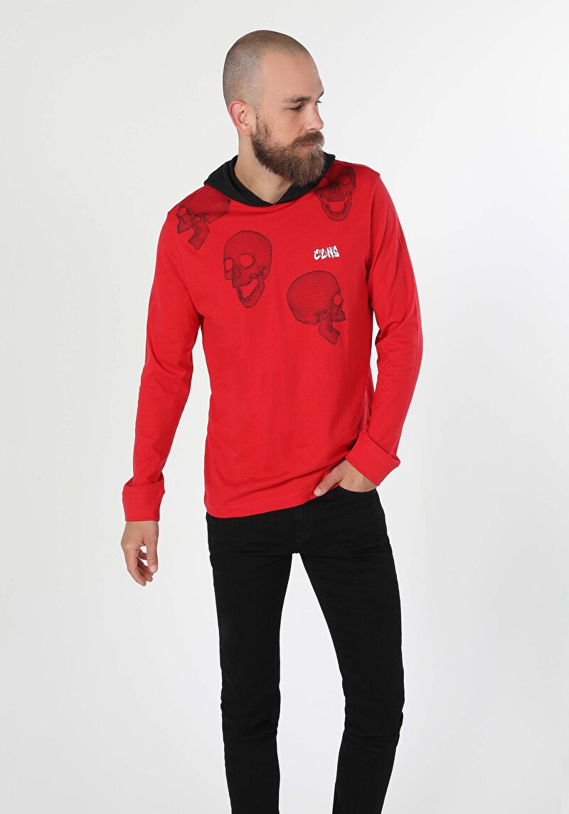 Regular Fit Yuvarlak Yaka Düz Erkek Kirmizi Uzun Kol Tişört