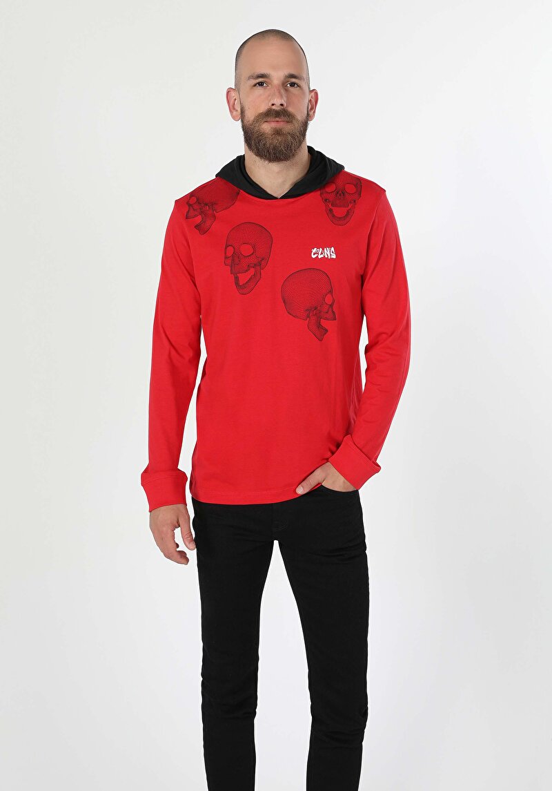 Regular Fit Yuvarlak Yaka Düz Erkek Kirmizi Uzun Kol Tişört