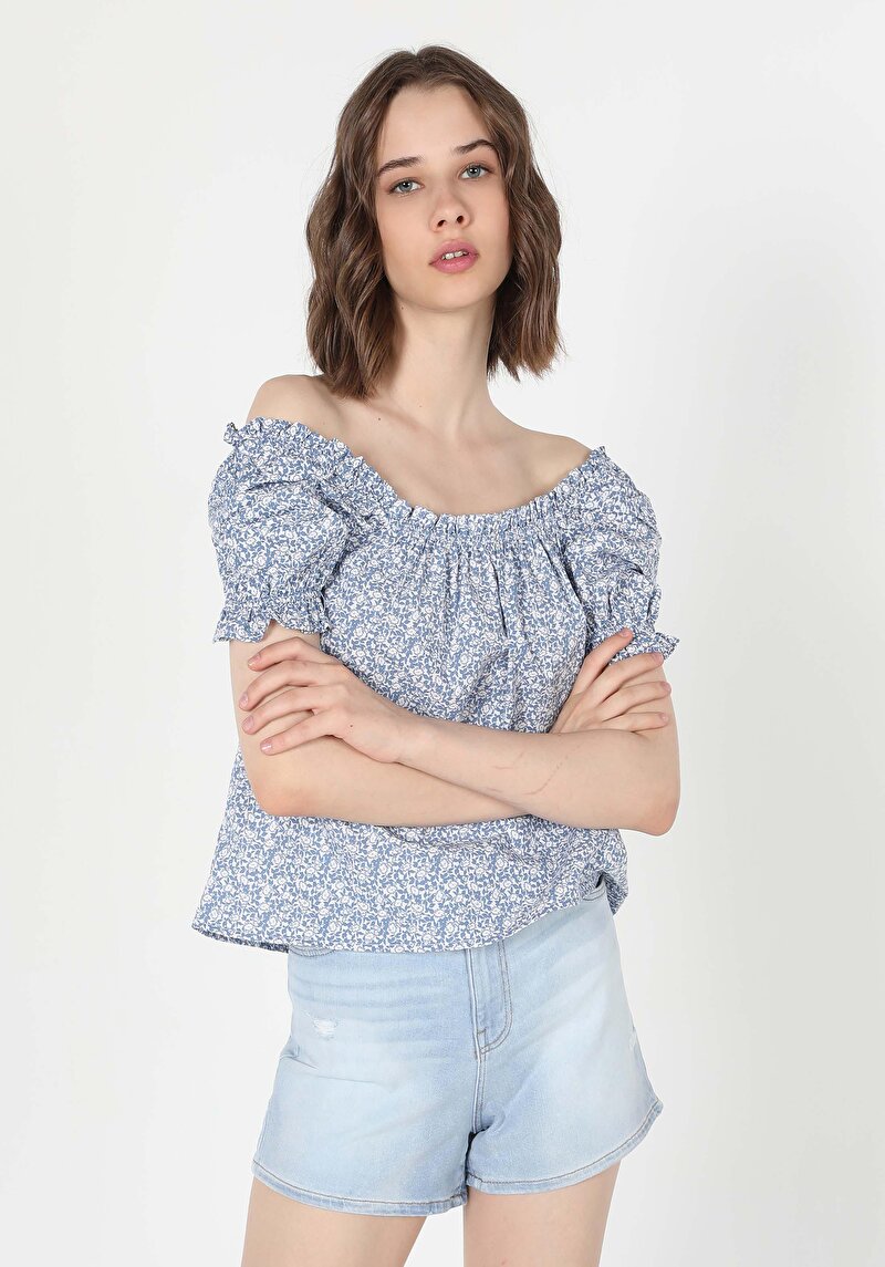 Regular Fit Kare Yaka Çiçekli Kadın Mavi Karpuz Gömlek