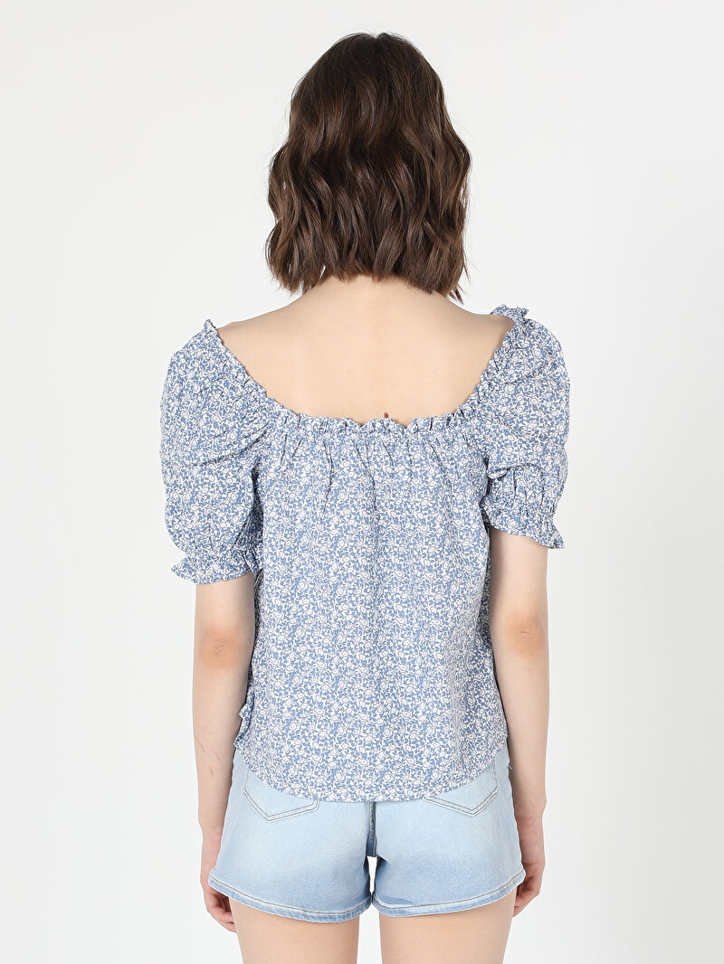 Regular Fit Kare Yaka Çiçekli Kadın Mavi Karpuz Gömlek