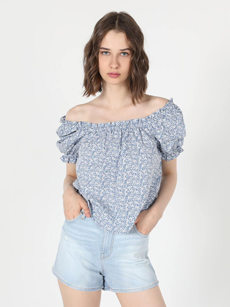 Regular Fit Kare Yaka Çiçekli Kadın Mavi Karpuz Gömlek