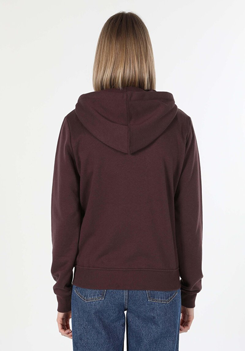 Regular Fit Kapüşonlu Düz Kadın Kahverengi Sweatshirt
