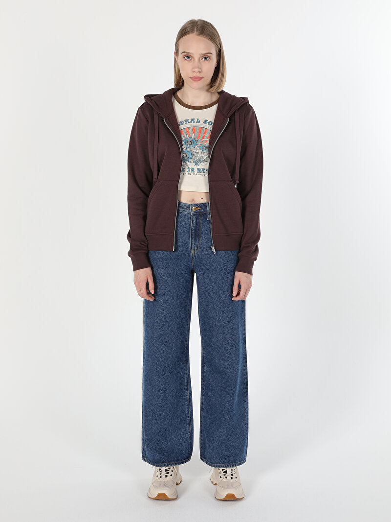 Regular Fit Kapüşonlu Düz Kadın Kahverengi Sweatshirt