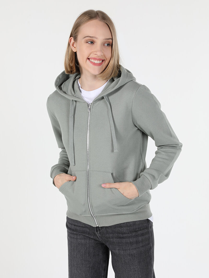 Regular Fit Kapüşonlu Düz Kadın Yeşil Sweatshirt