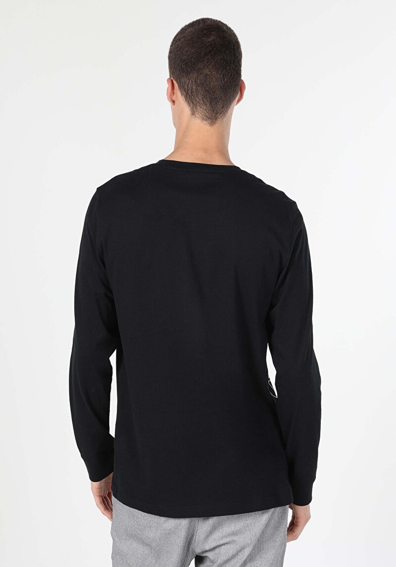 Regular Fit Yuvarlak Yaka Düz Erkek Siyah Uzun Kol Tişört
