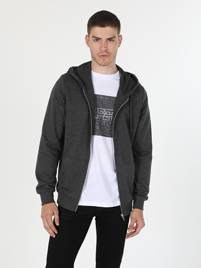 Regular Fit Kapüşonlu Erkek Antrasit Sweatshirt