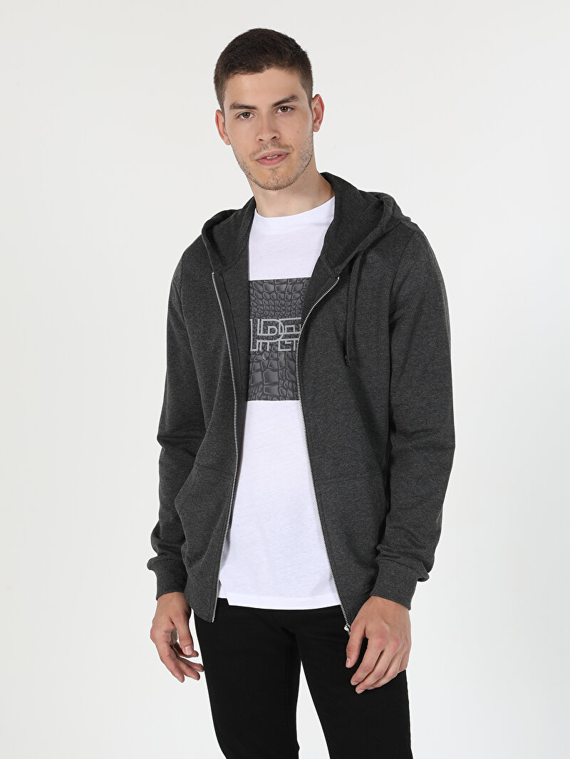 Regular Fit Kapüşonlu Erkek Antrasit Sweatshirt