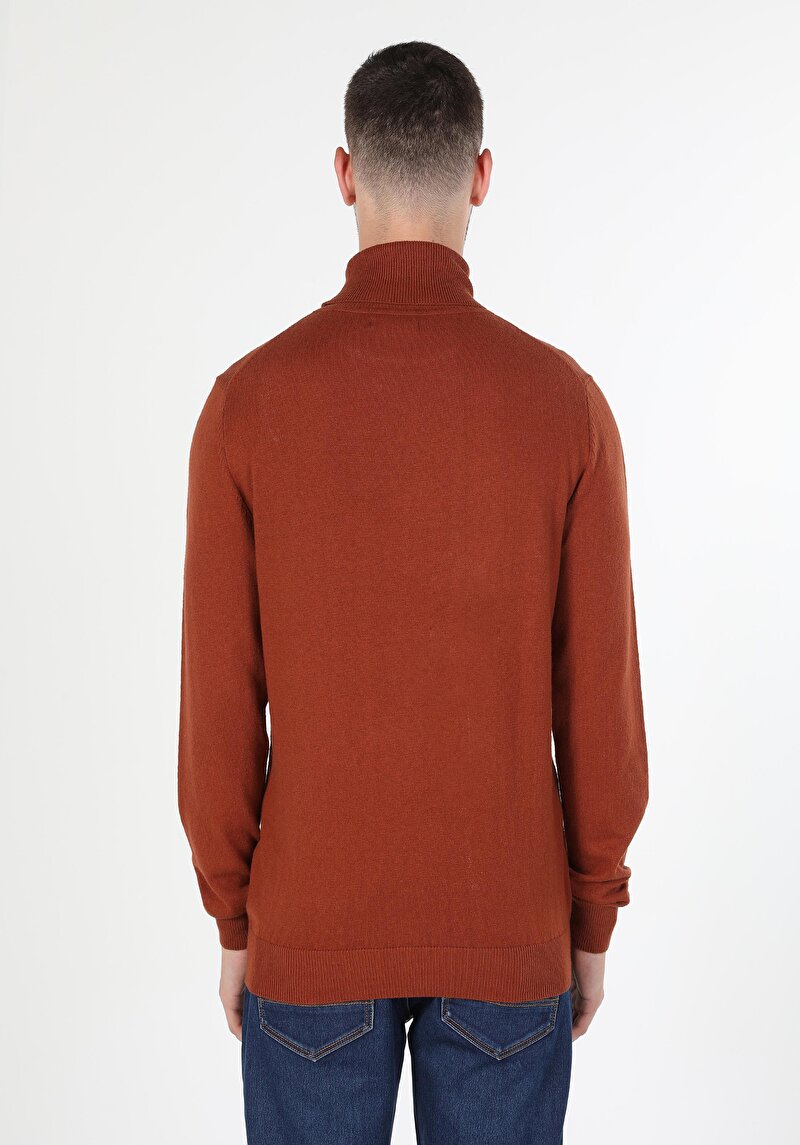 Slim Fit Balıkçı Yaka Jakarlı Erkek Kahverengi Kazak