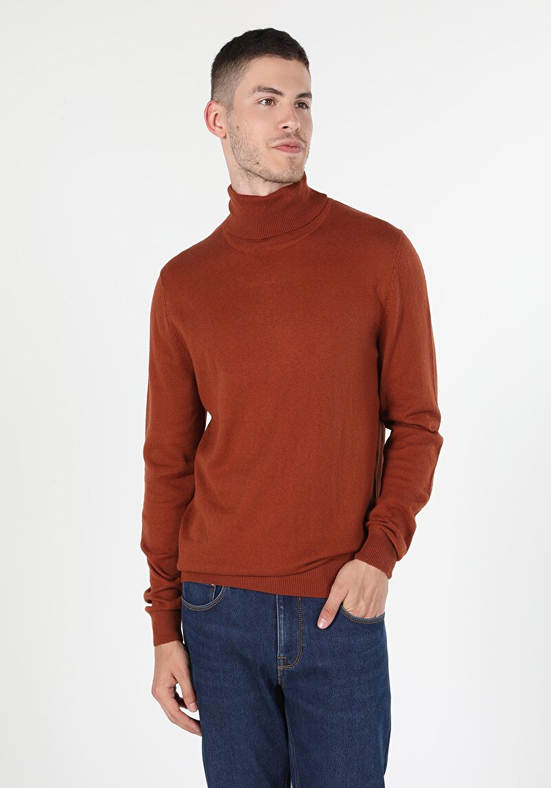 Slim Fit Balıkçı Yaka Jakarlı Erkek Kahverengi Kazak