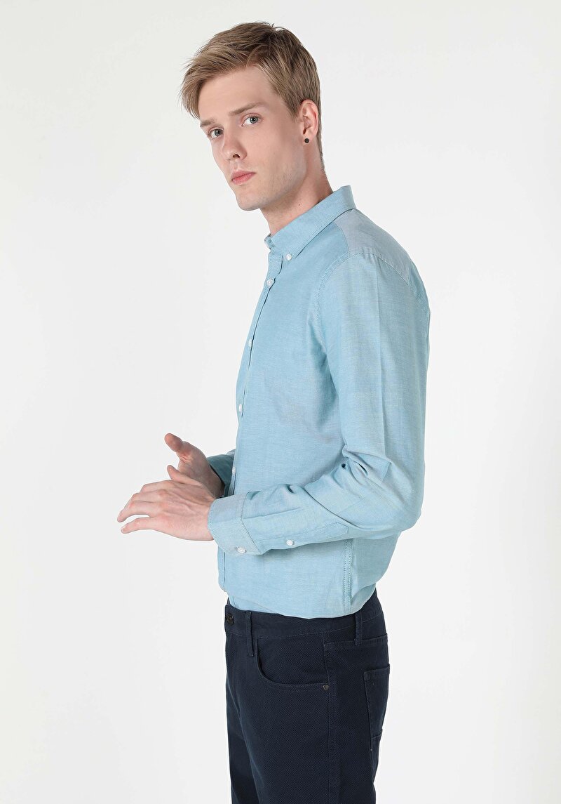 Slim Fit Shirt Neck Pamuklu Düz Erkek Yeşil Uzun Kol Gömlek