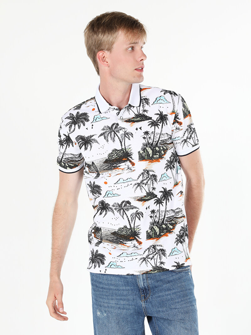 Regular Fit Polo Yaka Baskılı Erkek Çok Renkli Kısa Kol Tişört