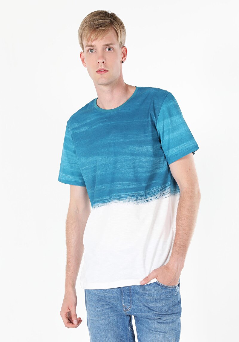 Regular Fit Yuvarlak Yaka Baskılı Erkek Mavi Kısa Kol Tişört Cl1058707