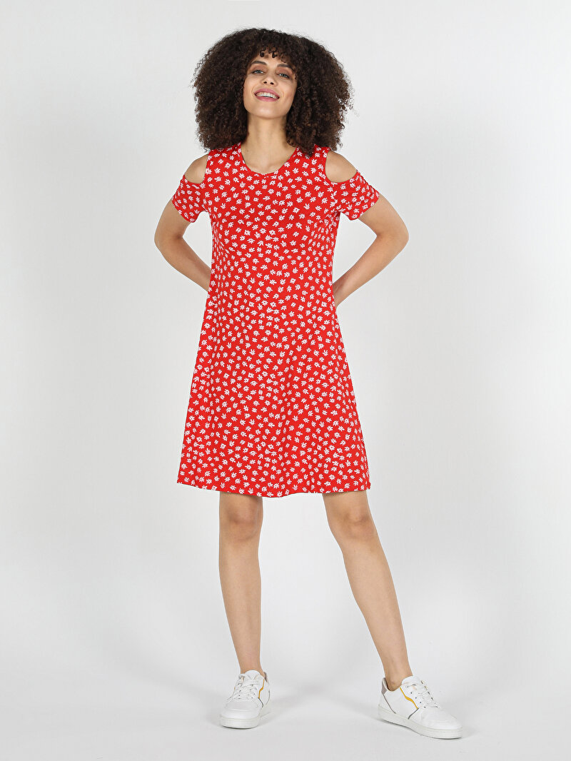 Regular Fit Çiçekli Kadın Kirmizi Kısa Kol Elbise