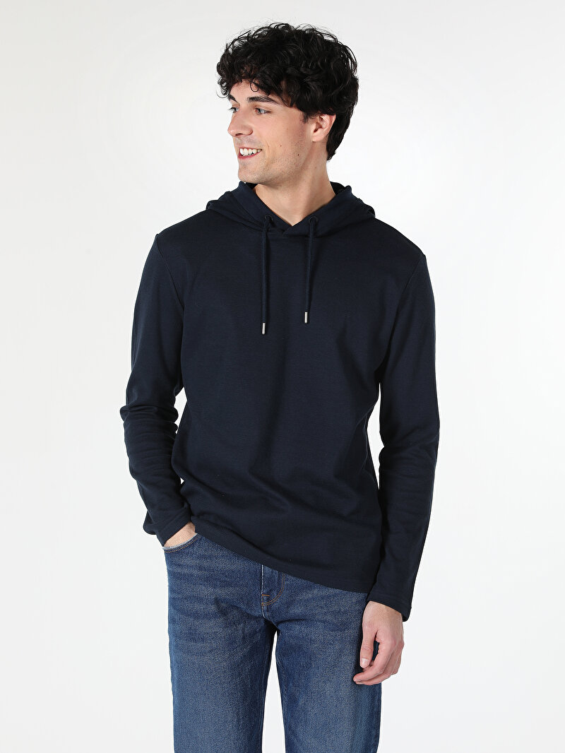 Regular Fit Kapüşonlu Düz Erkek Lacivert Uzun Kol Tişört