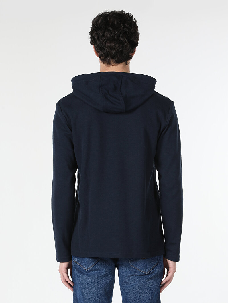 Regular Fit Kapüşonlu Düz Erkek Lacivert Uzun Kol Tişört