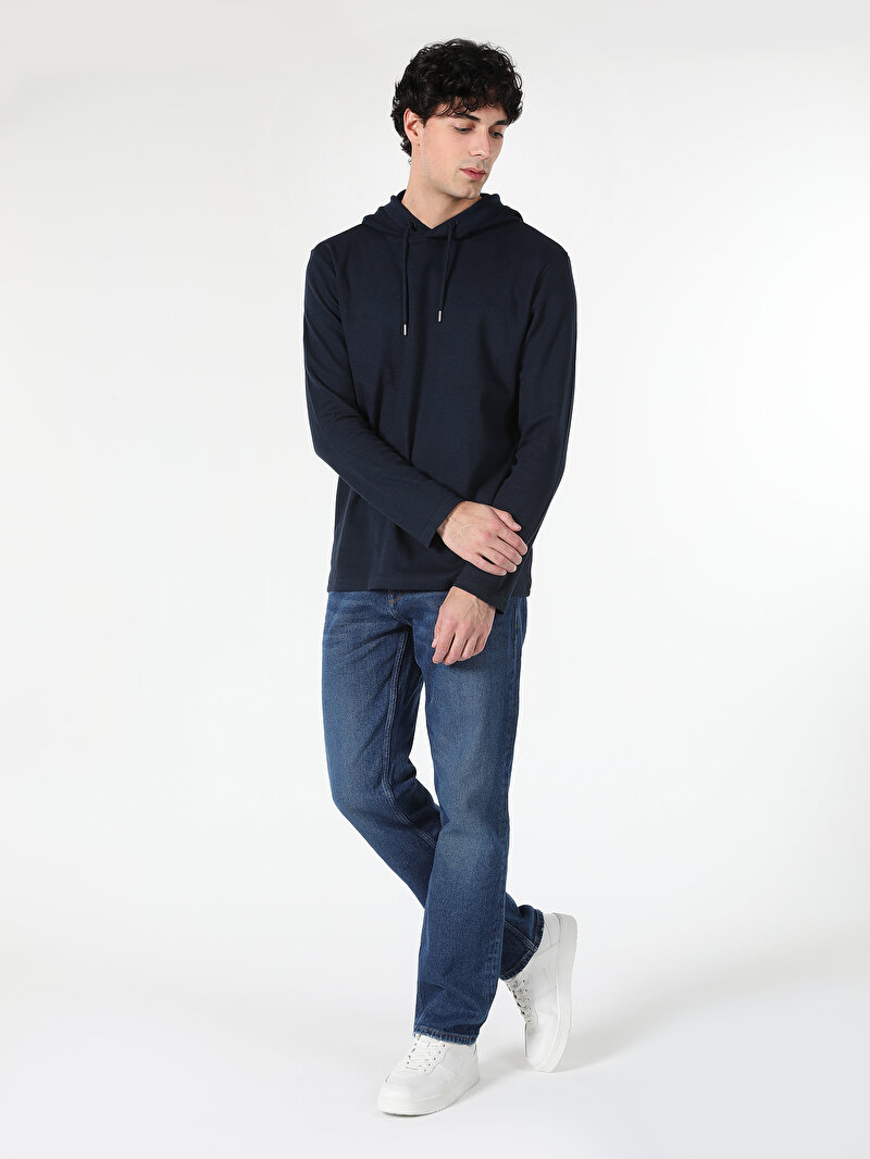 Regular Fit Kapüşonlu Düz Erkek Lacivert Uzun Kol Tişört