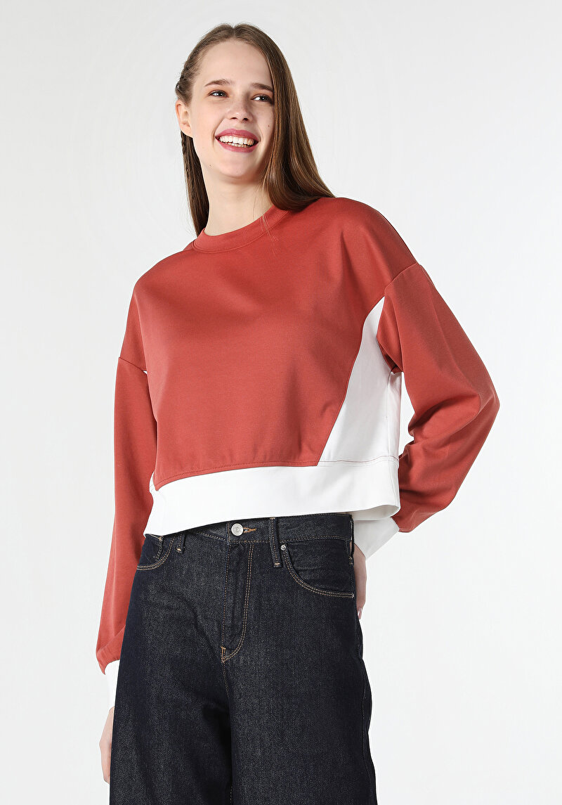 Regular Fit Yuvarlak Yaka Düz Kadın Turuncu Sweatshirt