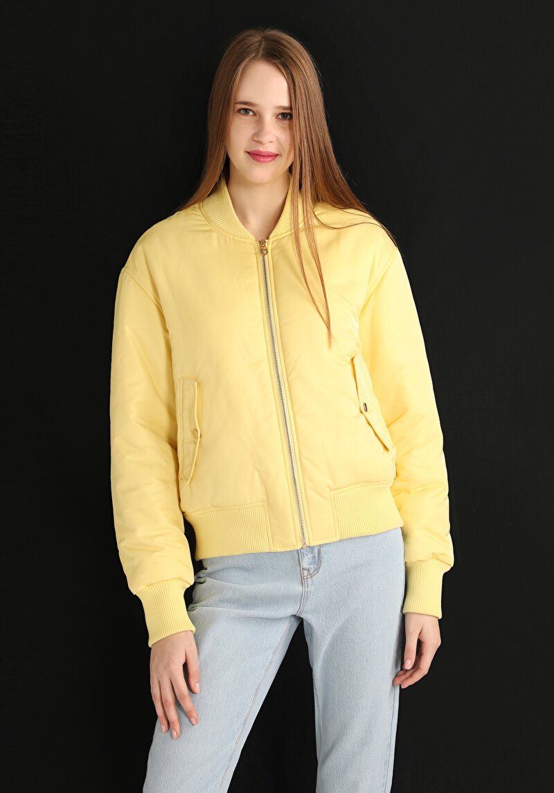 Regular Fit Shirt Neck Fermuarlı Astarlı  Kadın Sari Mont