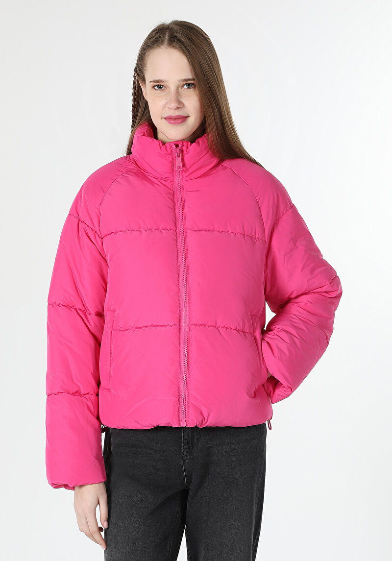 Regular Fit Dik Yaka Fermuarlı Astarlı  Kadın Pembe Mont
