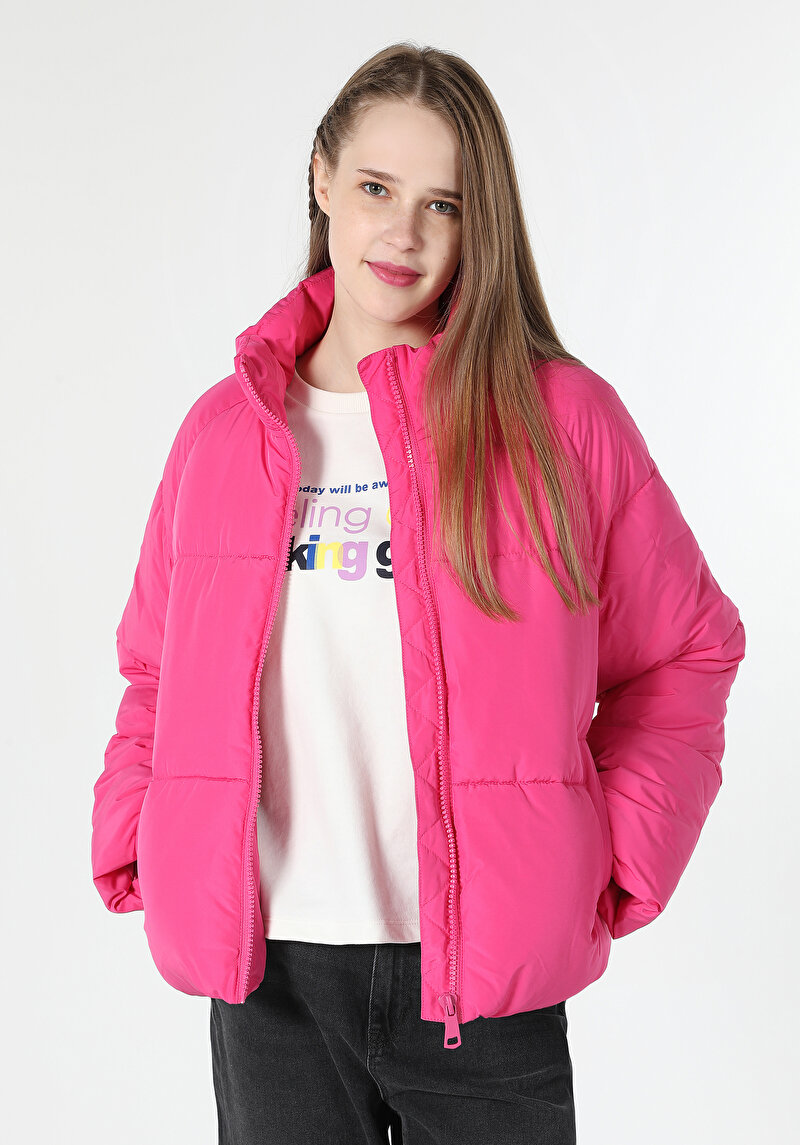 Regular Fit Dik Yaka Fermuarlı Astarlı  Kadın Pembe Mont