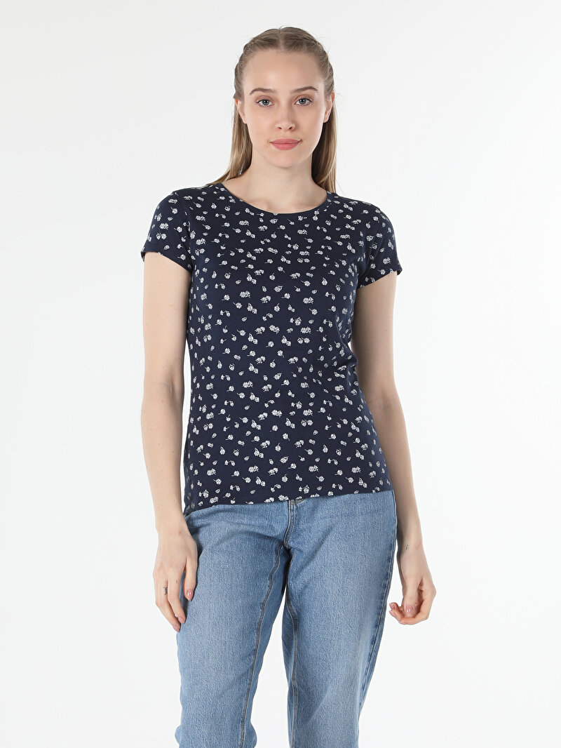 Slim Fit Yuvarlak Yaka Baskılı Kadın Lacivert Kısa Kol Tişört