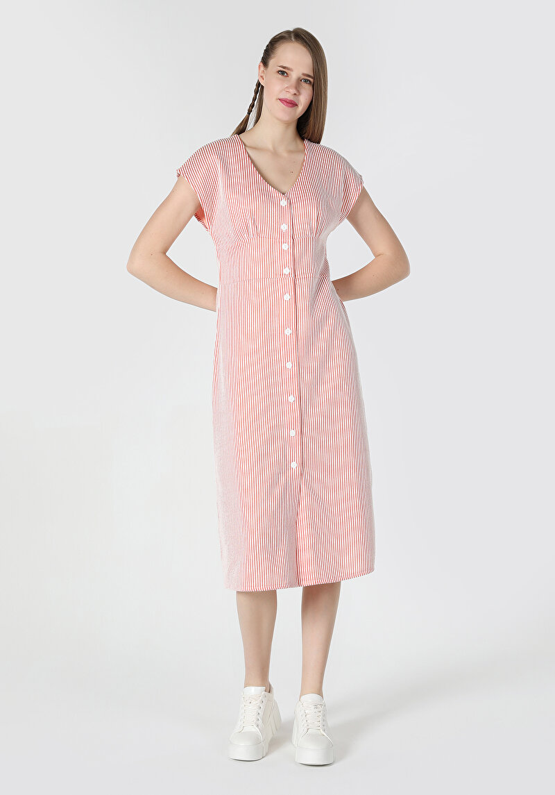 Regular Fit Çizgili Kadın Kirmizi Kısa Kol Elbise