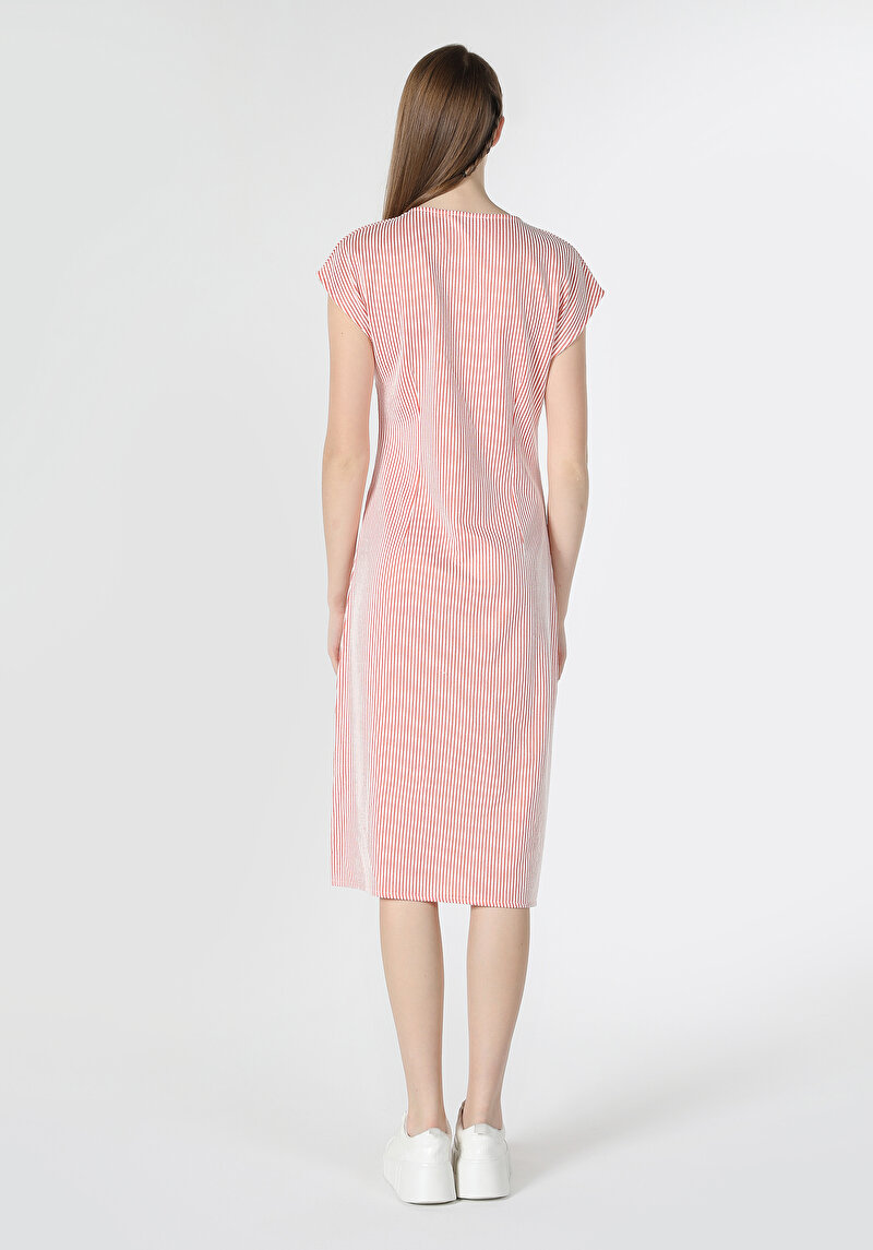 Regular Fit Çizgili Kadın Kirmizi Kısa Kol Elbise