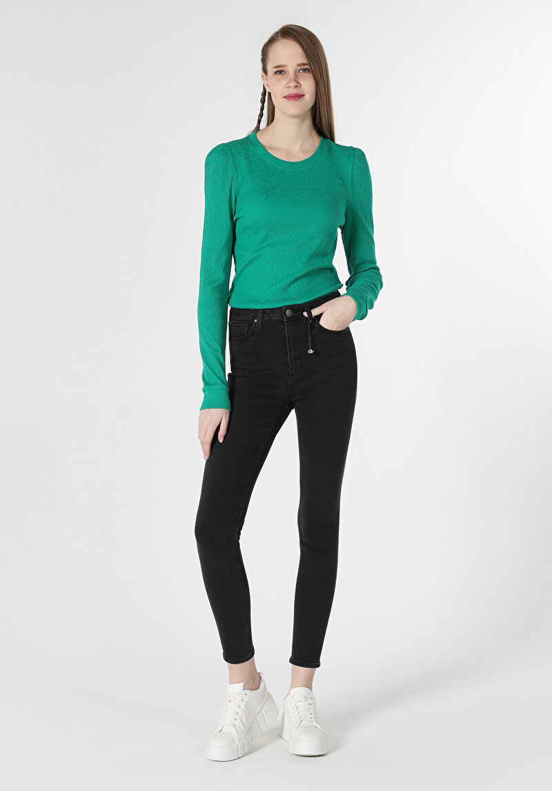 Slim Fit Yuvarlak Yaka Düz Kadın Yeşil Uzun Kol Tişört