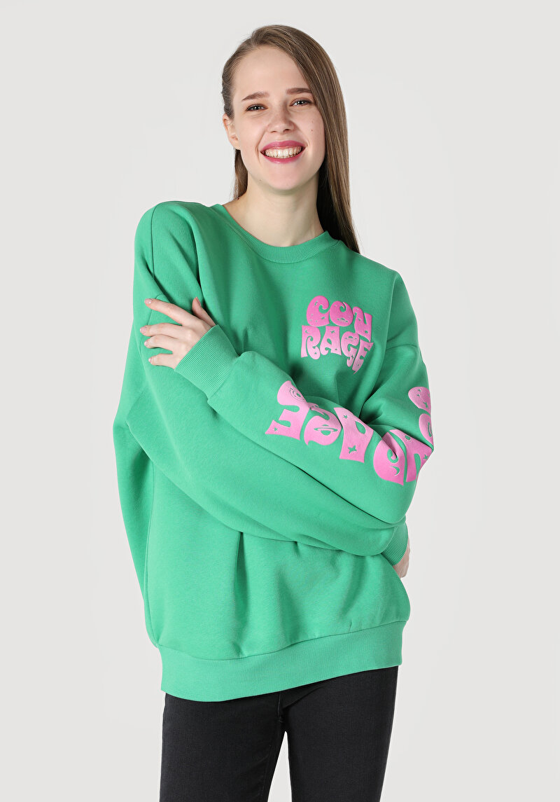 Regular Fit Baskılı Yeşil Kadın Sweatshirt