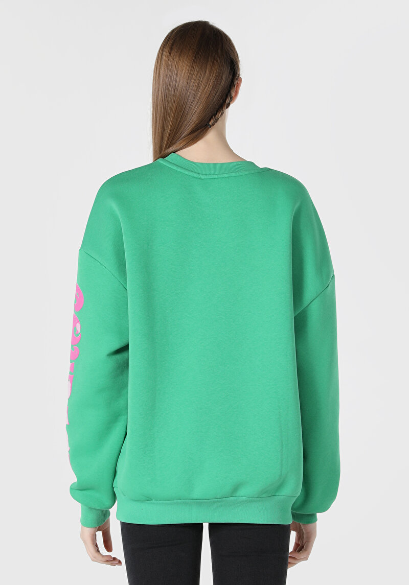Regular Fit Baskılı Yeşil Kadın Sweatshirt