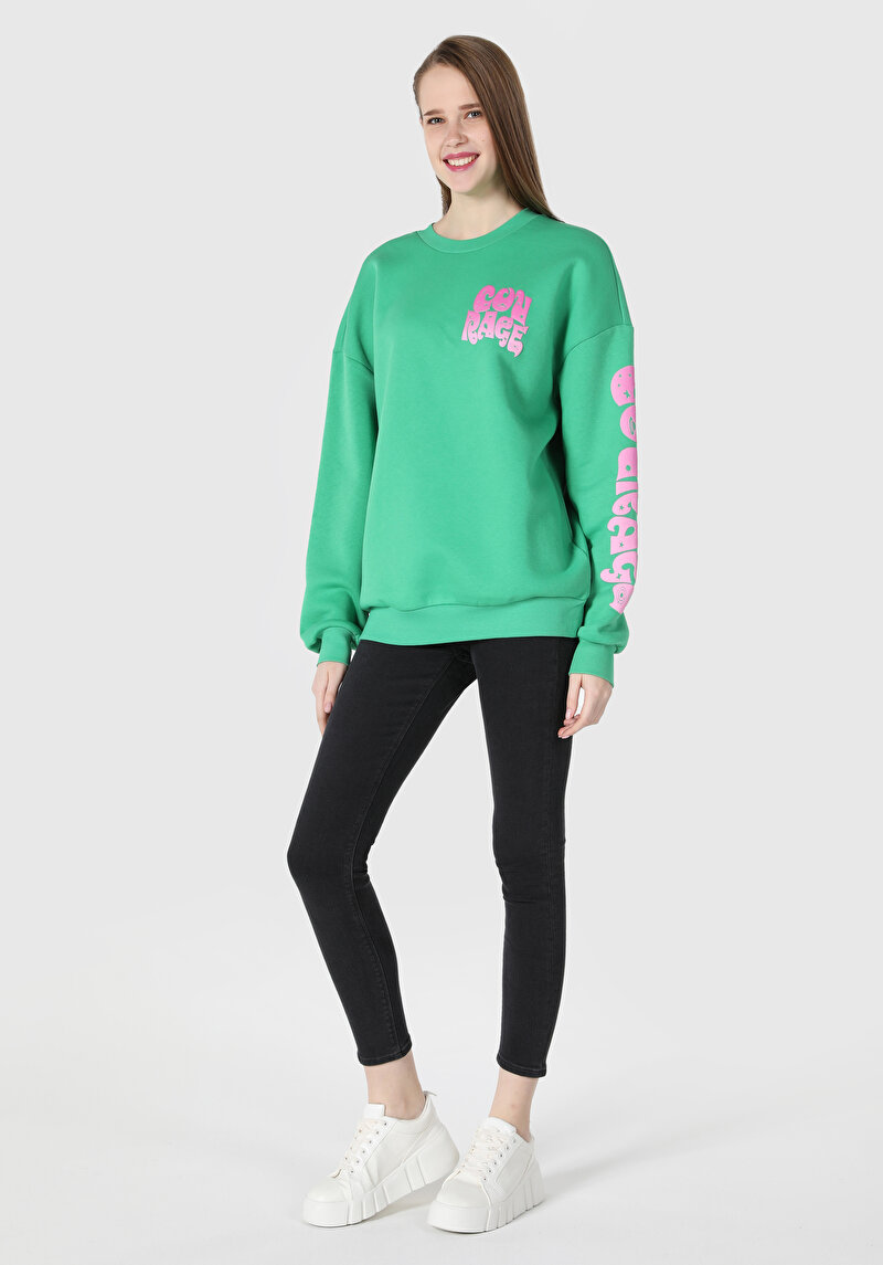 Regular Fit Baskılı Yeşil Kadın Sweatshirt