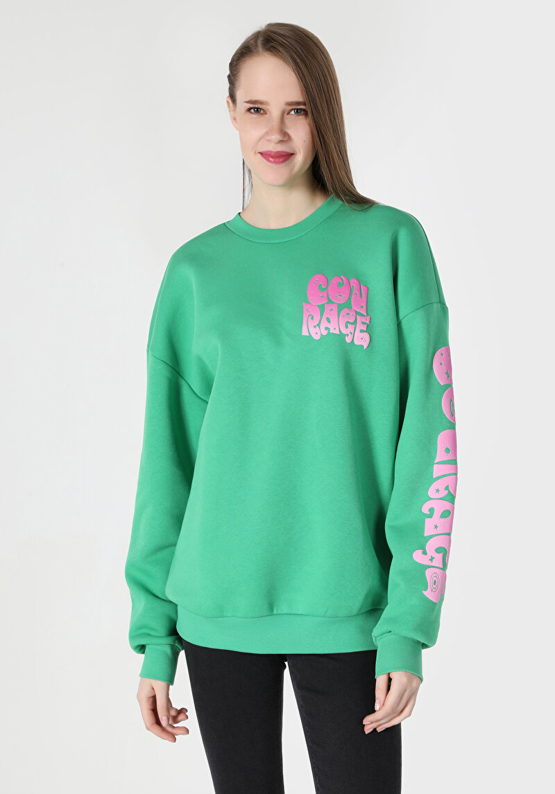 Regular Fit Baskılı Yeşil Kadın Sweatshirt